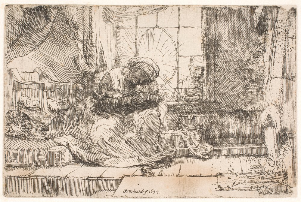 Die Jungfrau und das Kind mit der Katze: und Joseph am Fenster von Rembrandt van Rijn