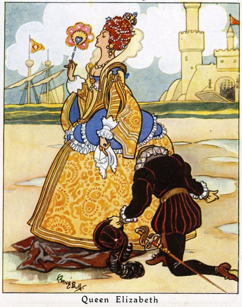 Sir Walter Raleigh legt seinen Mantel vor Königin Elisabeth I. aus, damit sie über eine Pfütze gehen kann, 1936 von René Bull