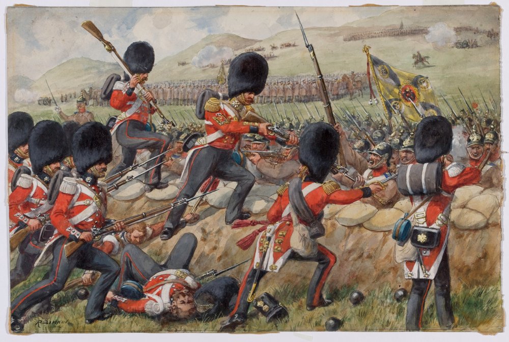 Detail der Scots Fusilier Guards, heute Scots Guards, in der Schlacht an der Alma, Krimkrieg, 20. September 1854 von Richard Simkin
