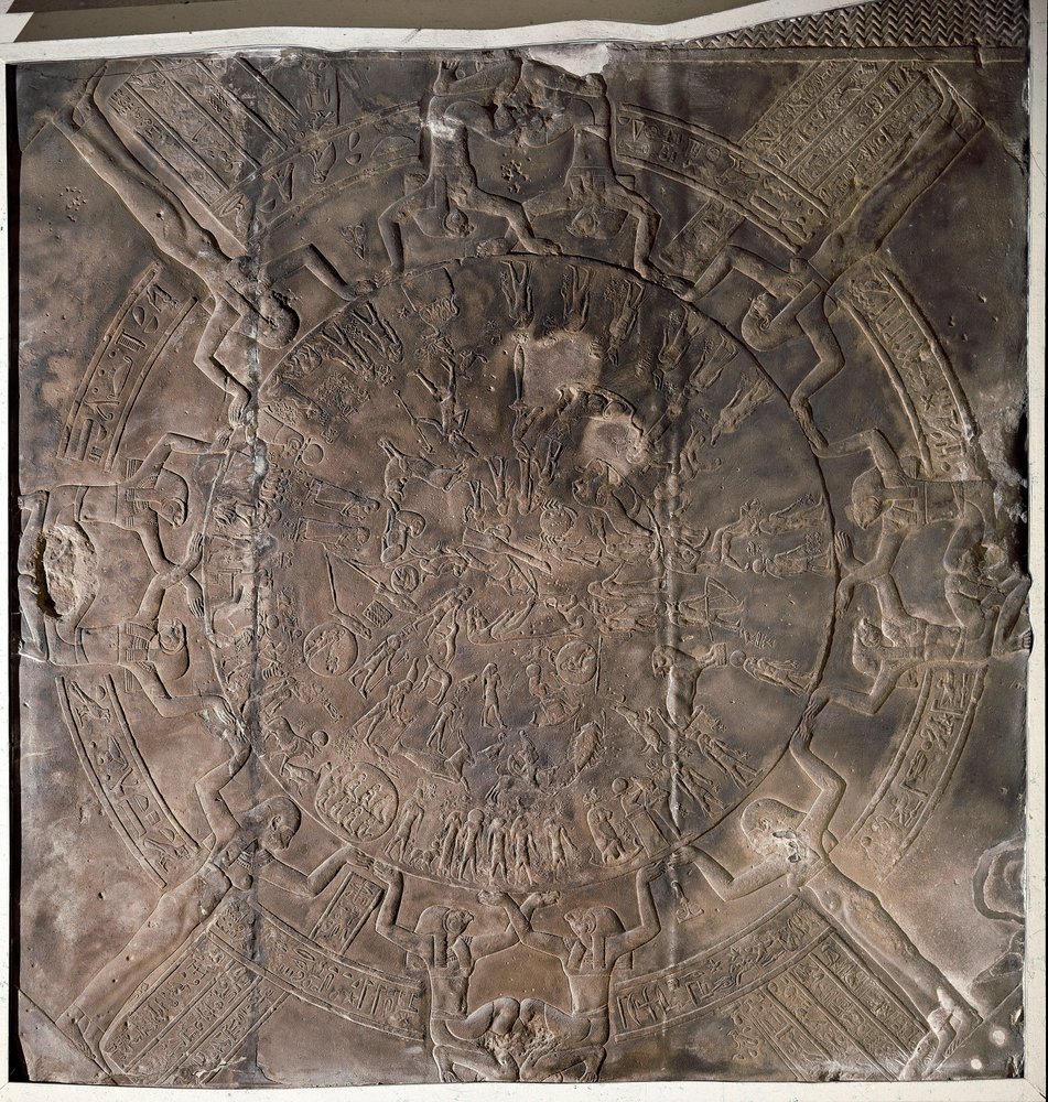 Ägyptische Antiquität: „Der Tierkreis“ Flachrelief von der Decke der Ostkapelle des Osiris im Hathor-Tempel in Denderah. Ptolemäische Periode (332-30 v. Chr.). Paris, Louvre von School Egyptian