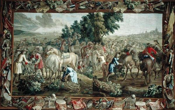 Doppelte Tapisserie, die Zweigsammler außerhalb einer Stadt darstellt, Brüsseler Werkstatt von School Flemish