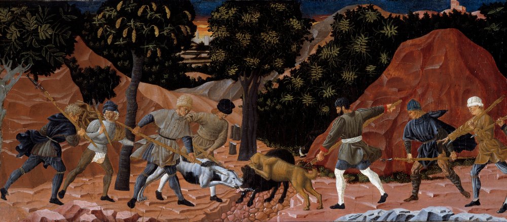 Wildschweinjagdszene. Detail. Anonymes Gemälde der Florentiner Schule. 1450-1460. Toulouse, Musee des Augustins von School Florentine