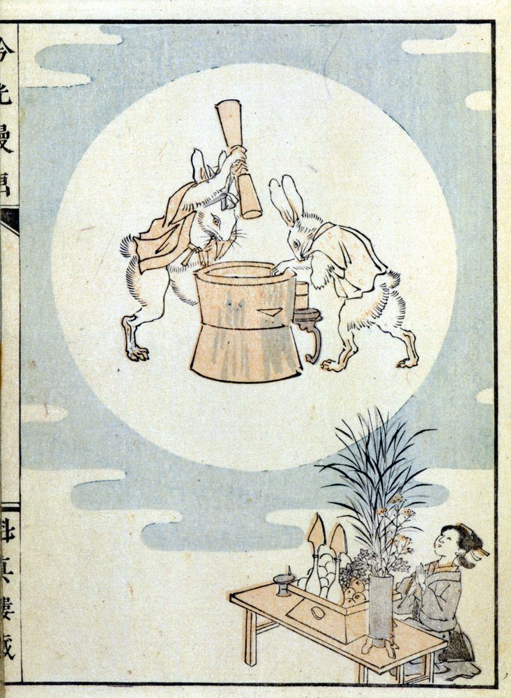 Japaner im Gebet und Kaninchen im Mond, die Reispulver stampfen ...
