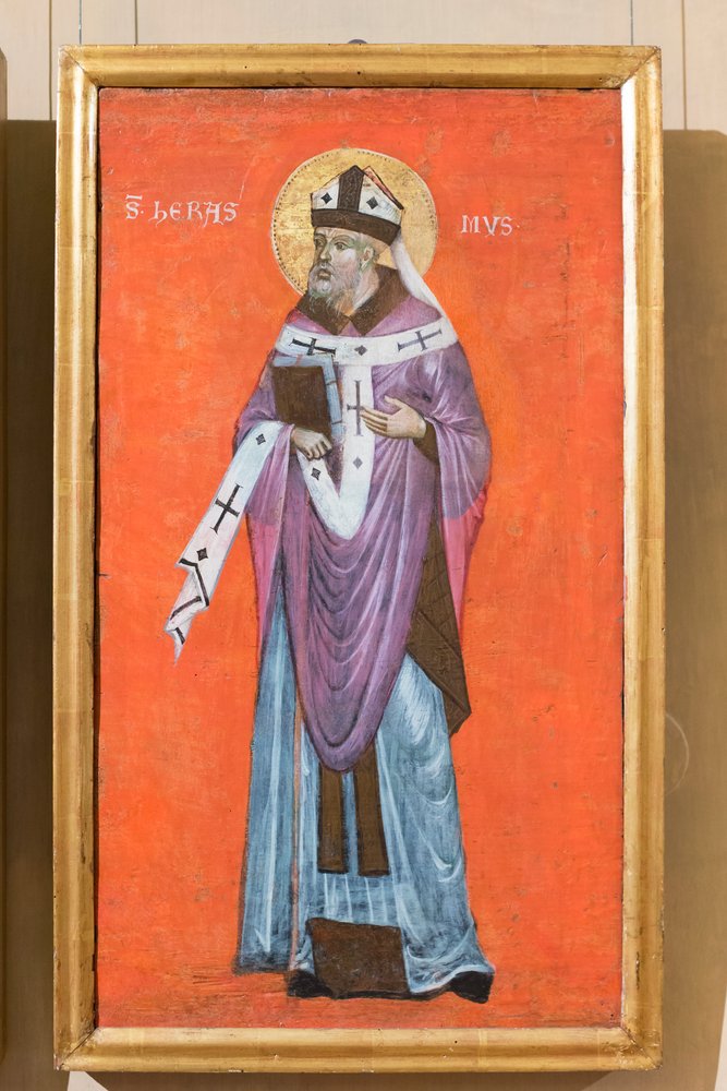 Heiliger Erasmus, Venezianisch-Byzantinischer Maler, erste Hälfte des 4. Jahrhunderts (Öl auf Holz) von School Veneto-Byzantine