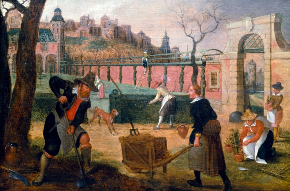 Die Gärtner bei der Arbeit in einem formalen Garten am Stadtrand. Gemälde von Sebastian Vrancx (1573-1647). Privatsammlung. von Sebastian Vrancx