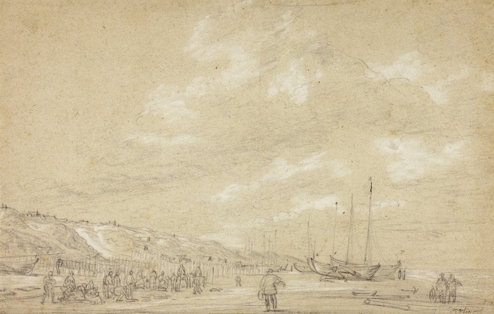 Fischer beim Trocknen der Netze am Strand von Scheveningen von Simon Jacobsz. Vlieger