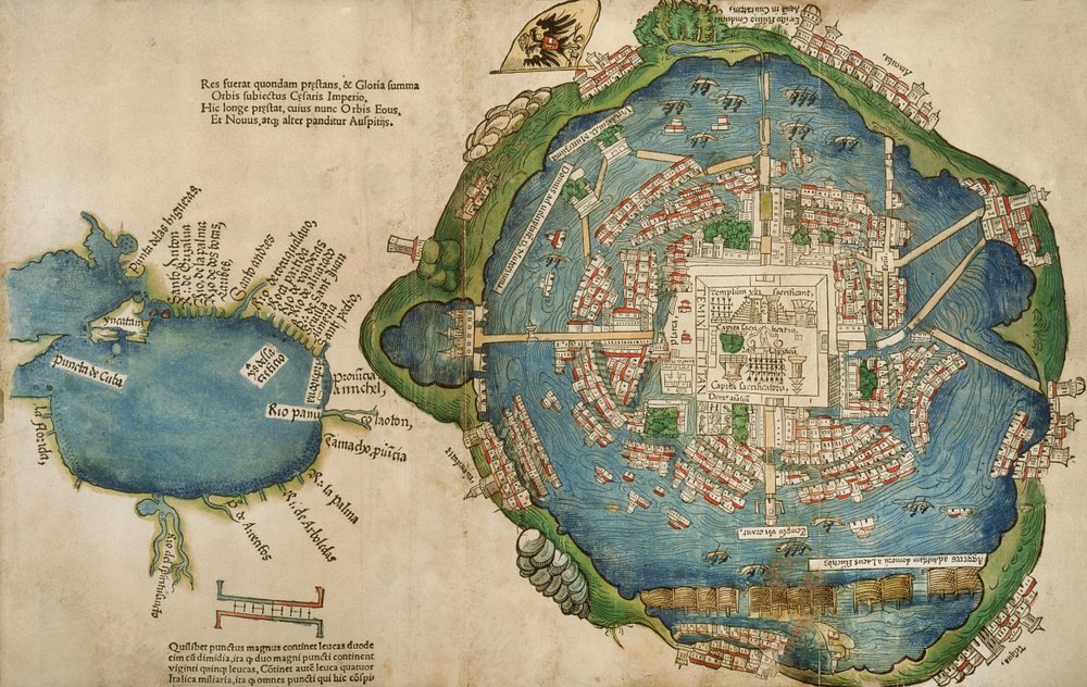 Karte von Tenochtitlán und dem Golf von Mexiko, aus „Praeclara Ferdinadi Cortesii de Nova maris Oceani Hyspania Narratio“ von Hernán Cortés (1485-1547), 1524 von Spanish School