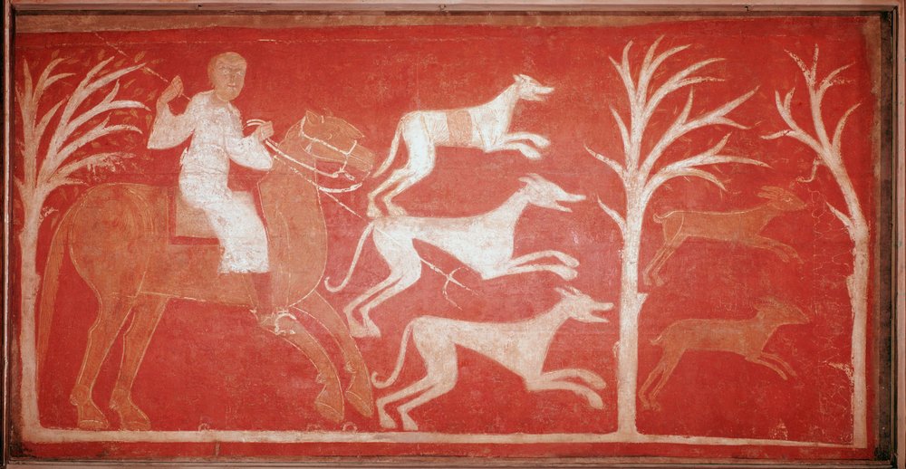 Jagdszene, die Hunde zeigt, die Wild nachjagen. 1150. Fresko aus der Einsiedelei von Baudelio de Berlanga, Soria. Im Prado-Museum aufbewahrt. von Spanish School