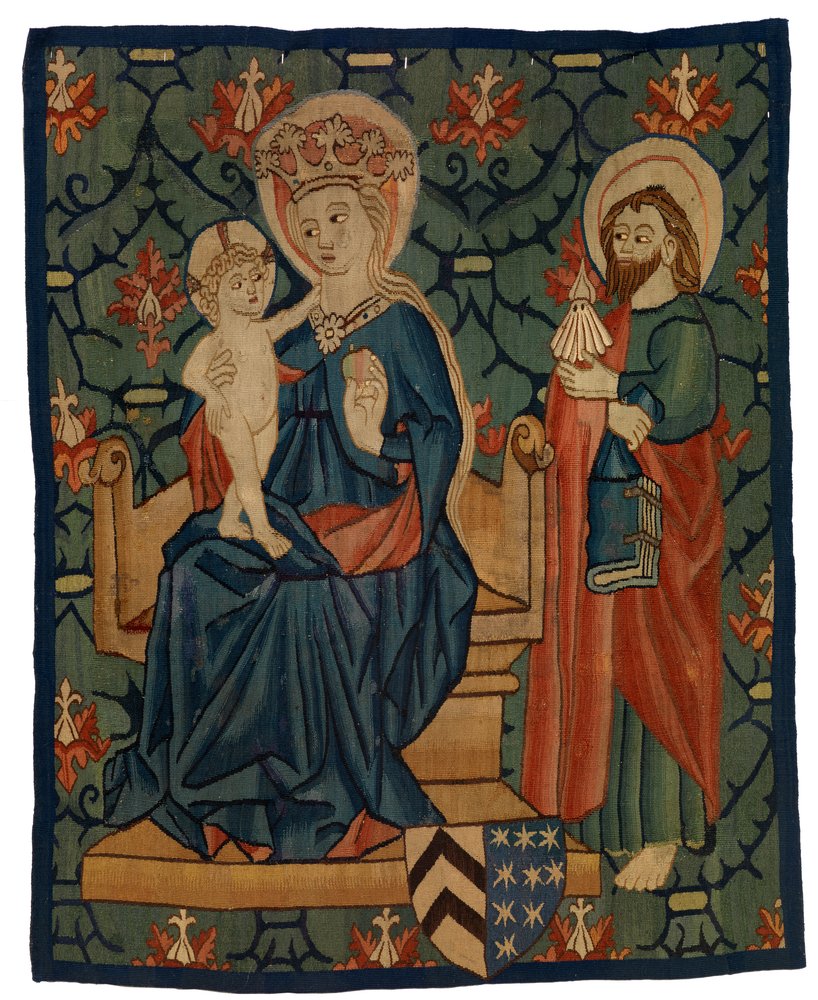 Wandteppichfragment, das die Jungfrau und das Kind mit St. Jakobus darstellt von Swiss School