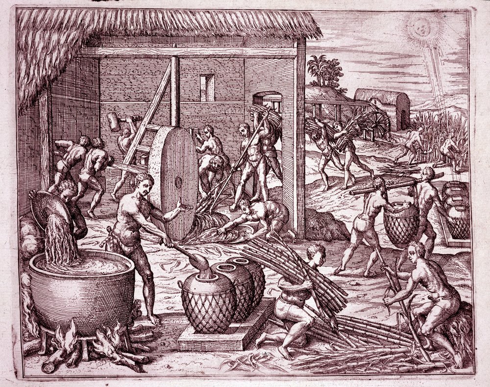 Geschichte Amerikas: Zuckerrohrernte und Zuckerherstellung durch indianische Sklaven, die für die spanischen Konquistadoren arbeiten von Theodore de Bry