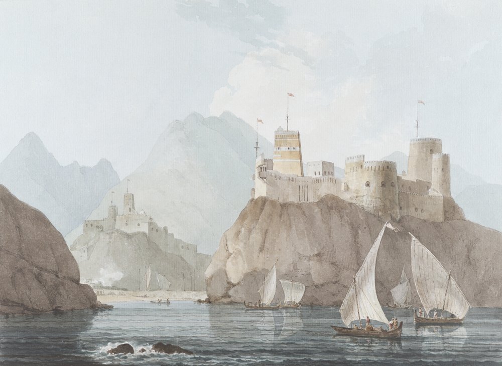 Ostansicht der Festungen Jellali und Merani, Maskat, Arabien, Juni 1793 von Thomas und William Daniell