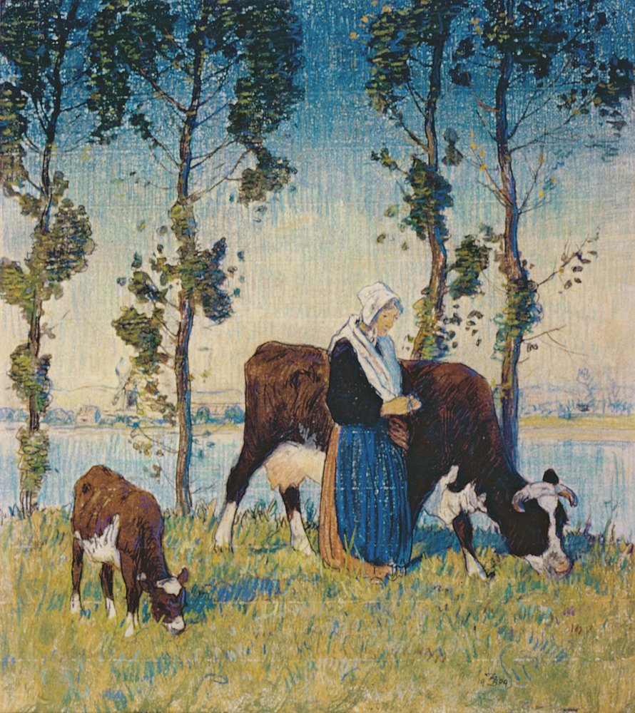 Frau mit Kuh und Kalb von Thomas Austen Brown