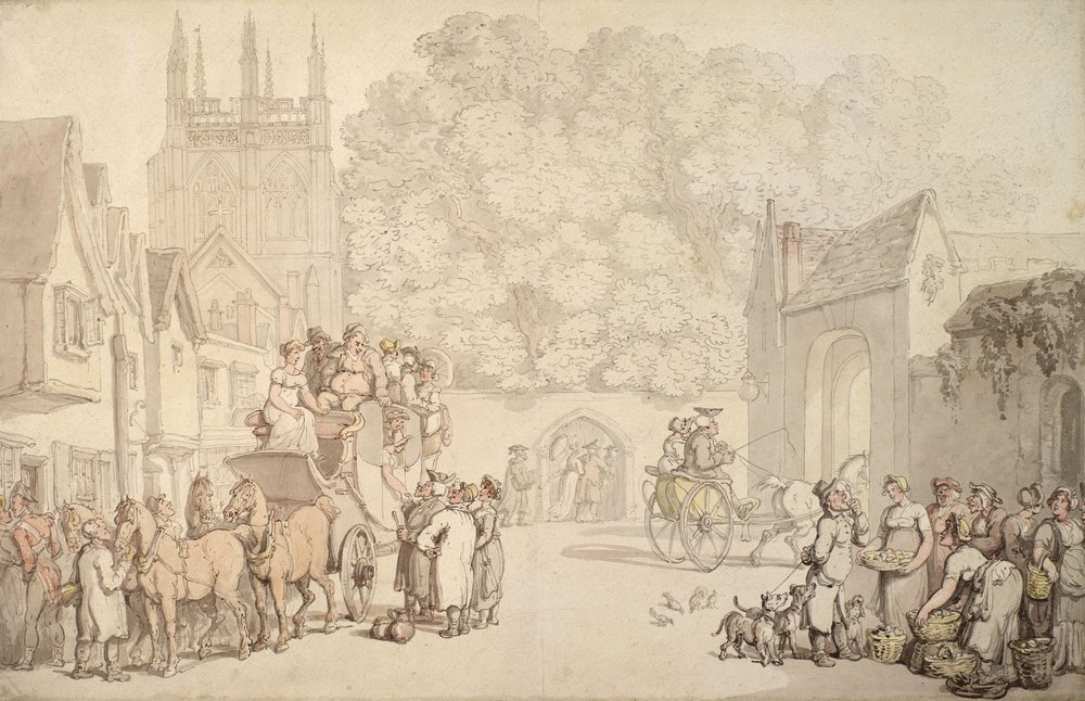 Eine Kutsche, die sich darauf vorbereitet, das Canterbury Gate, Christ Church, Oxford, zu verlassen, ca. 1810-15 von Thomas Rowlandson