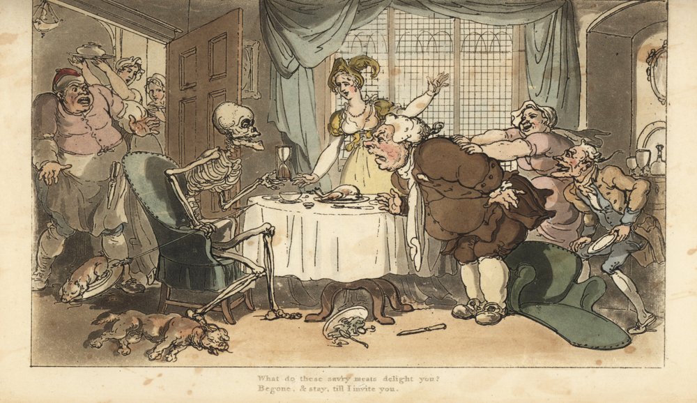 Das Skelett des Todes mit Pfeil und Sanduhr kommt für den Vielfraß, während er beim Abendessen schlemmt. Handkolorierte Kupferplatte gezeichnet und graviert von Thomas Rowlandson aus „The English Dance of Death“, Ackermann, London von Thomas Rowlandson