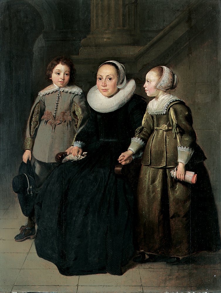 Ganzfiguriges Porträt einer sitzenden Dame in einem schwarzen Kleid mit weißer Halskrause und Haube, die ein Taschentuch hält, mit ihrem Sohn in einem grauen Wams und ihrer Tochter in einem grünen Kleid, 1635 von Thomas de Keyser