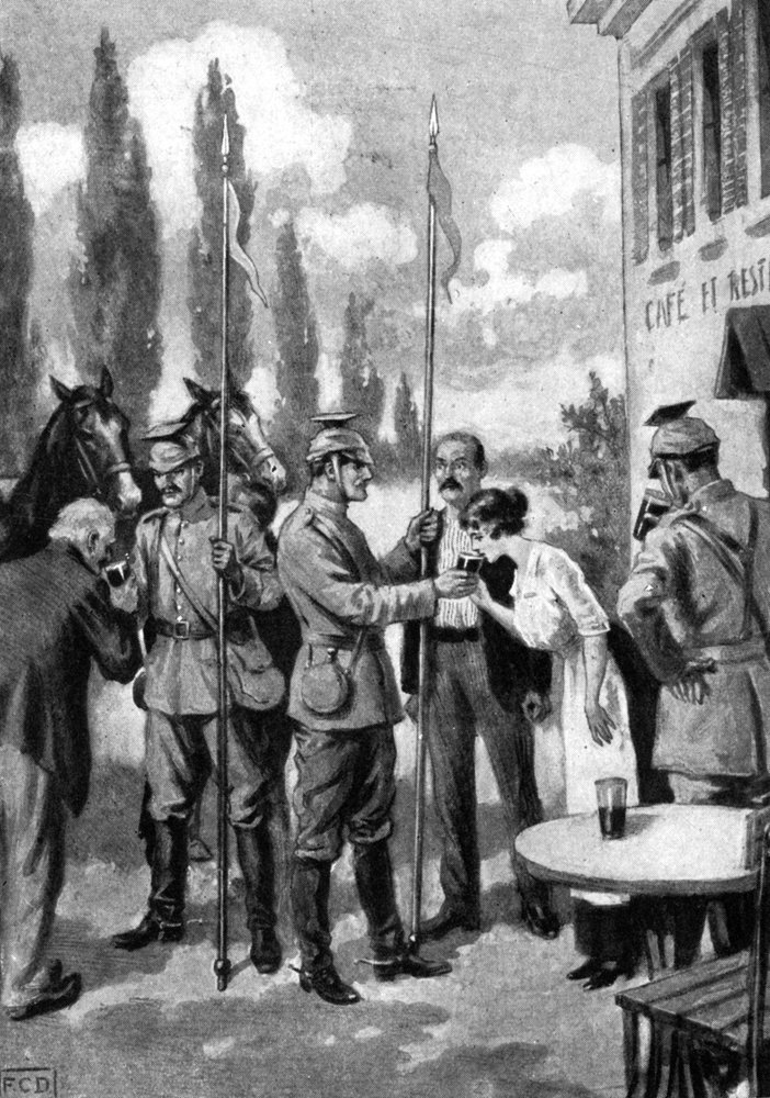 Ulanen fordern Erfrischungen von belgischen Dorfbewohnern, Erster Weltkrieg, 1914 von Unbekannt