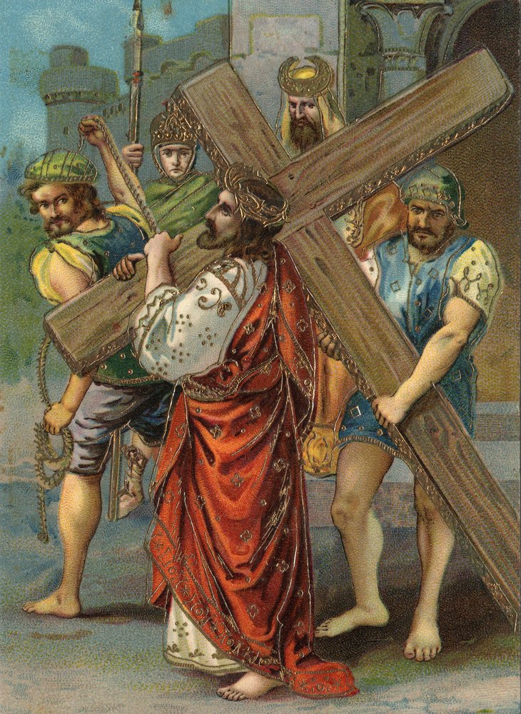 Kreuzweg - Via Crucis - Kreuzwegstationen: Zweite Station, Jesus trägt sein Kreuz. Chromolithografie. Private Sammlung von William M. Timlin