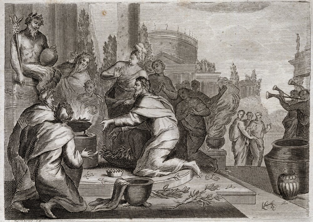 Bibel von Royaumont, Altes Testament: Fall Salomos. Salomo wird von Frauen verführt und opfert den Götzen der falschen Götter Weihrauch. Sein Tod. Illustration von 1811. von Unknown artist