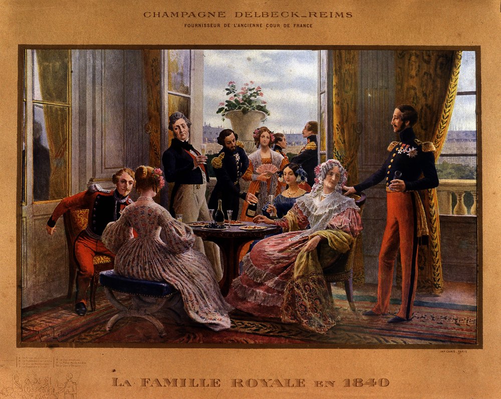 Champagner am königlichen Tisch im Jahr 1840 - Werbeplakat für Delbeck Champagner „Lieferant des ehemaligen französischen Hofes“, späte 19. Jahrhundert von Unknown artist