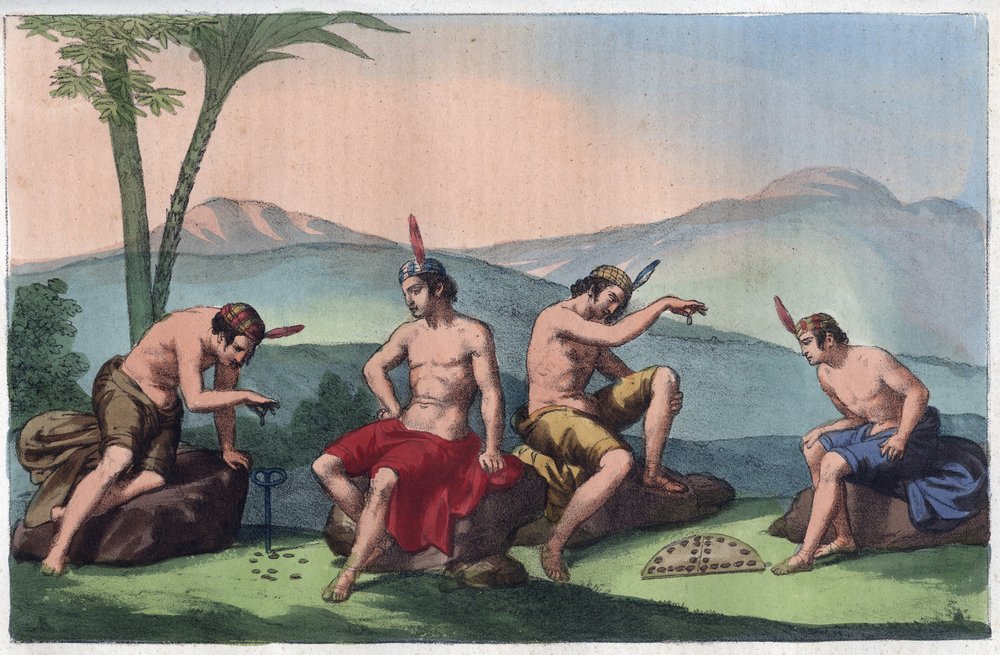 Chilenische Indianer beim Queciu- und Porotos-Spiel, Chile - Stich aus „Usi e Costumi di Tutti i Popoli dell