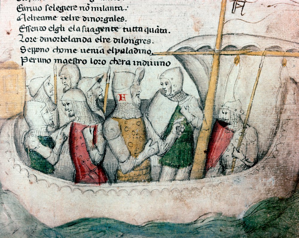 Kreuzfahrer auf einem Boot. Illustration zum toskanischen Gedicht „Febusso e Breusso“. Manuskript MS.B.R.45. 15. Jahrhundert. Florenz, Biblioteca Nazionale von Unknown artist