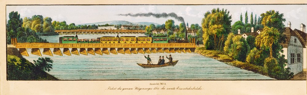 Kaiser Ferdinand Nordbahn: Der Zug überquert die zweite Eisenbahnbrücke von Unknown Artist