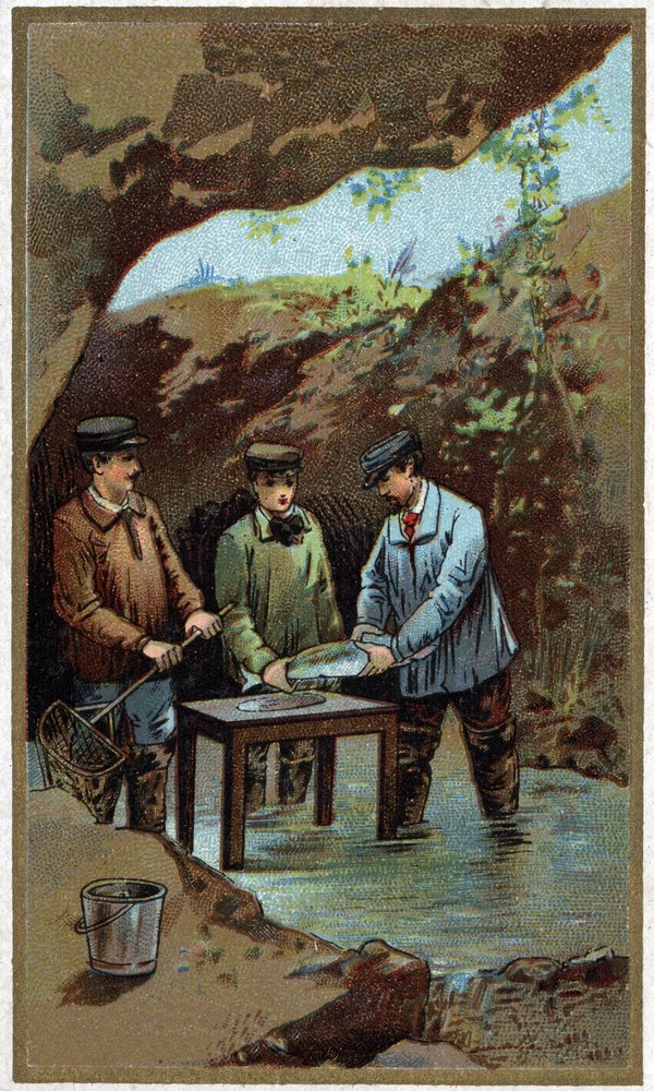 Fischzucht: Künstliche Laichablage. Chromolithografie aus dem späten 19. Jahrhundert von Unknown artist