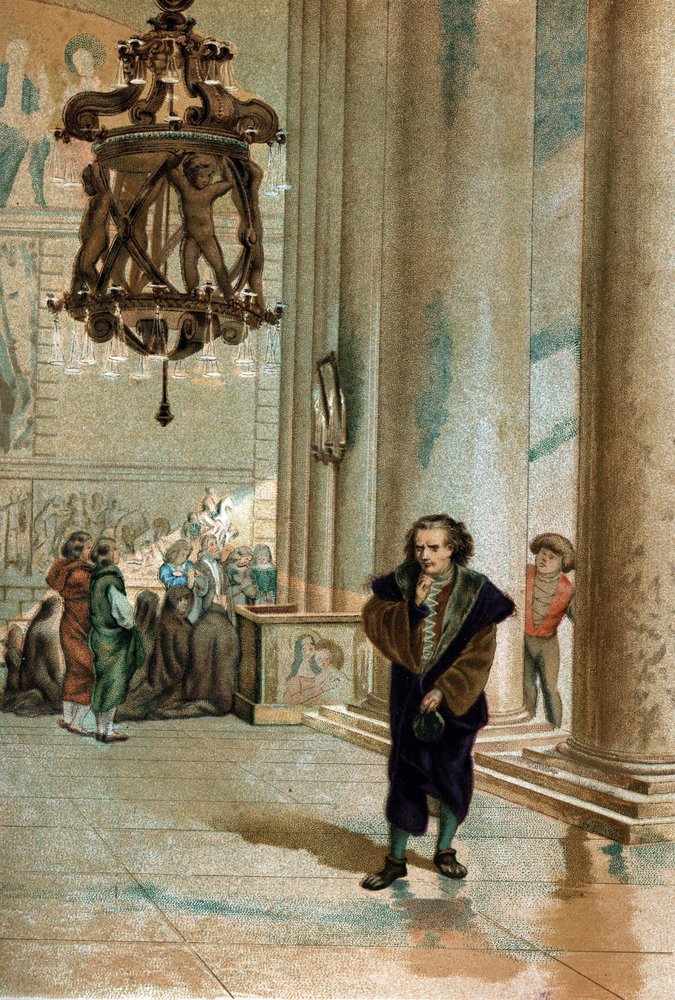 Galileo Galilei (1564-1642) beobachtet die Schwingung der Lampe der  Kathedrale von Pisa. Aus La Ciencia y sus Hombres von Louis Figuier,  Barcelona 1881