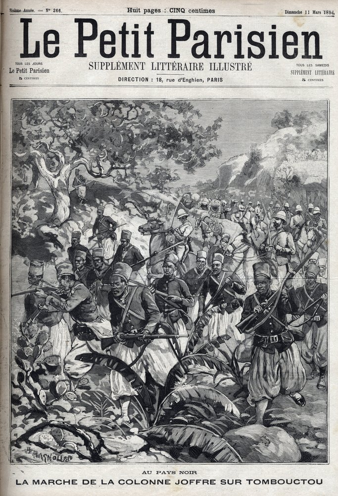 In den französischen Kolonien: der Marsch der Kolonne von General Joseph Joffre (1852-1931) und seiner Armee von Spahis auf Timbuktu (Mali). Gravur in „Le Parisien“ von Unknown artist