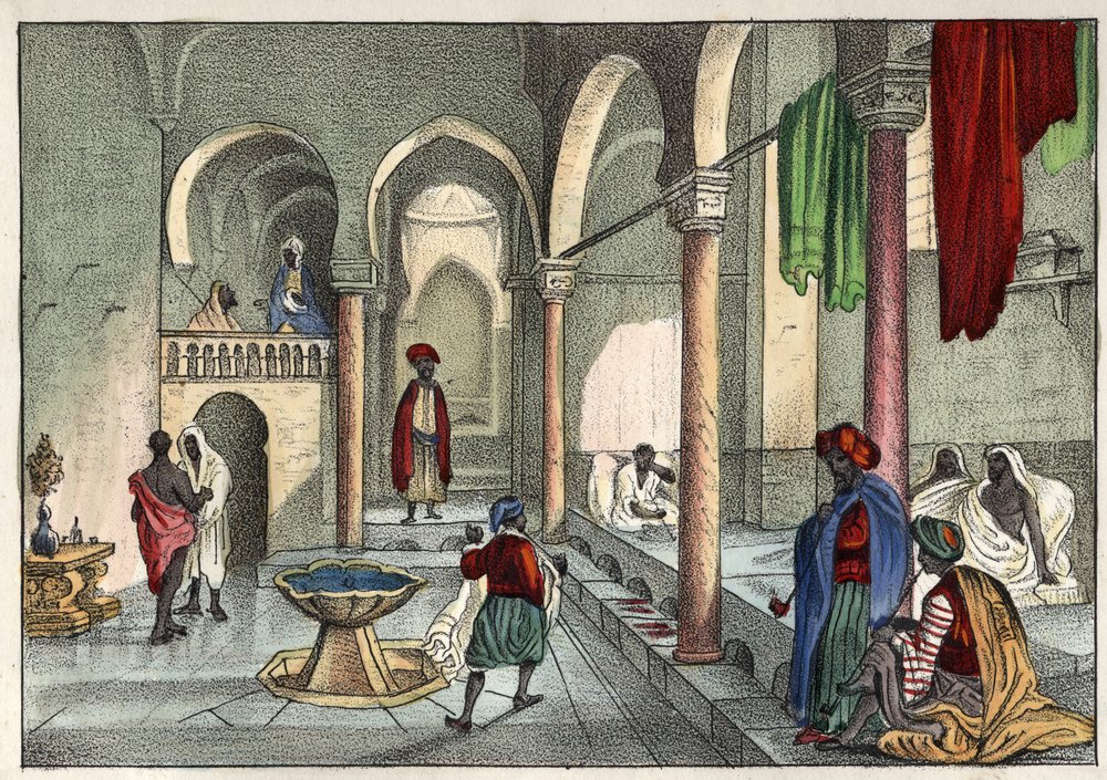 Das maurische Bad (öffentliches Bad) in Algier um 1830. In „Das alte und moderne Algerien“ von Léon Galibert. Italienische Ausgabe von 1846, farbig von Unknown artist
