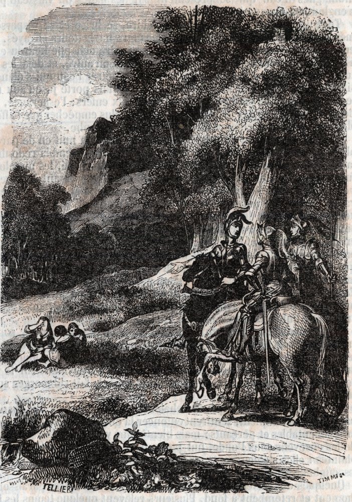 Roger, Marphise und die drei Frauen - Gravur von 1851 aus „Roland furieux“ (Orlando furioso) (16. Jahrhundert) von Ludovico Ariosto, bekannt als Ariosto - Ausgabe übersetzt aus dem Italienischen von Graf von Tressan und veröffentlicht von Gustave Harvard von Unknown artist
