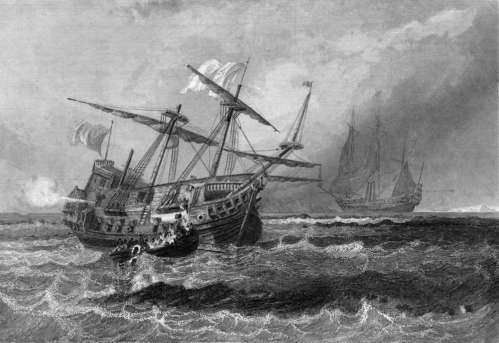 Der Corbin, der am 1. Juli 1602 auf dem Riff der Malediven-Inseln verloren ging. In „Allgemeine Geschichte der Marine“ von Van Tenac von Unknown artist