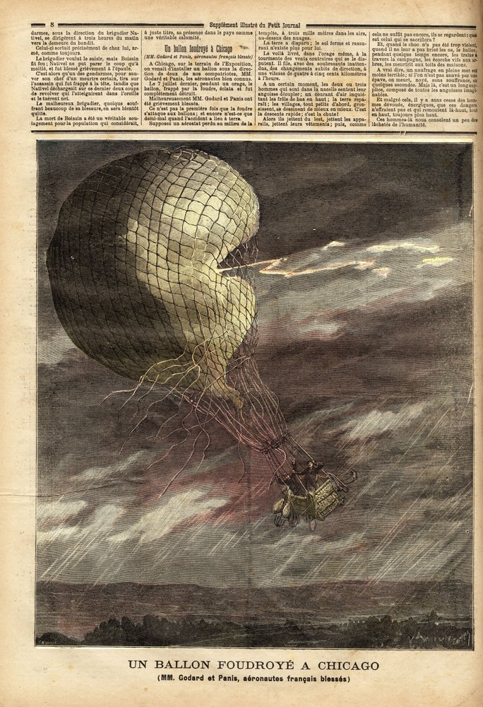 Der Fesselballon der Franzosen Messrs Godard und Panis, Opfer eines Unfalls durch den Sturm am 7. Juli auf dem Gelände der Weltausstellung in Chicago, im vollen Flug wurde der Ballon getroffen und beschädigt, wobei die beiden Luftfahrer verletzt wurden von Unknown artist