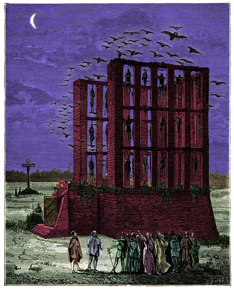Der Galgen von Montfaucon in Paris war ein massiver Steinbau, der von sechzehn Pfeilern gekrönt wurde (Spitzname: Gabeln der hohen Gerichtsbarkeit, nordöstlich von Paris gelegen), Stich, 19. Jahrhundert von Unknown artist