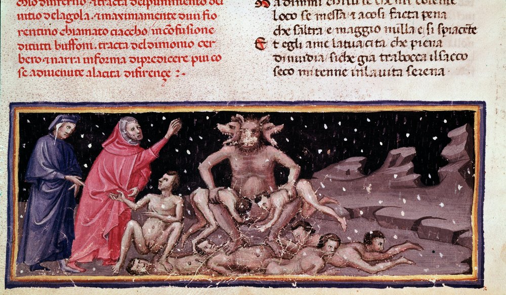 Dante und Vergil begegnen Ciacco und Zerberus bei den Völlerern (9. Gesang der Hölle in der Göttlichen Komödie) - Miniatur von Unknown artist