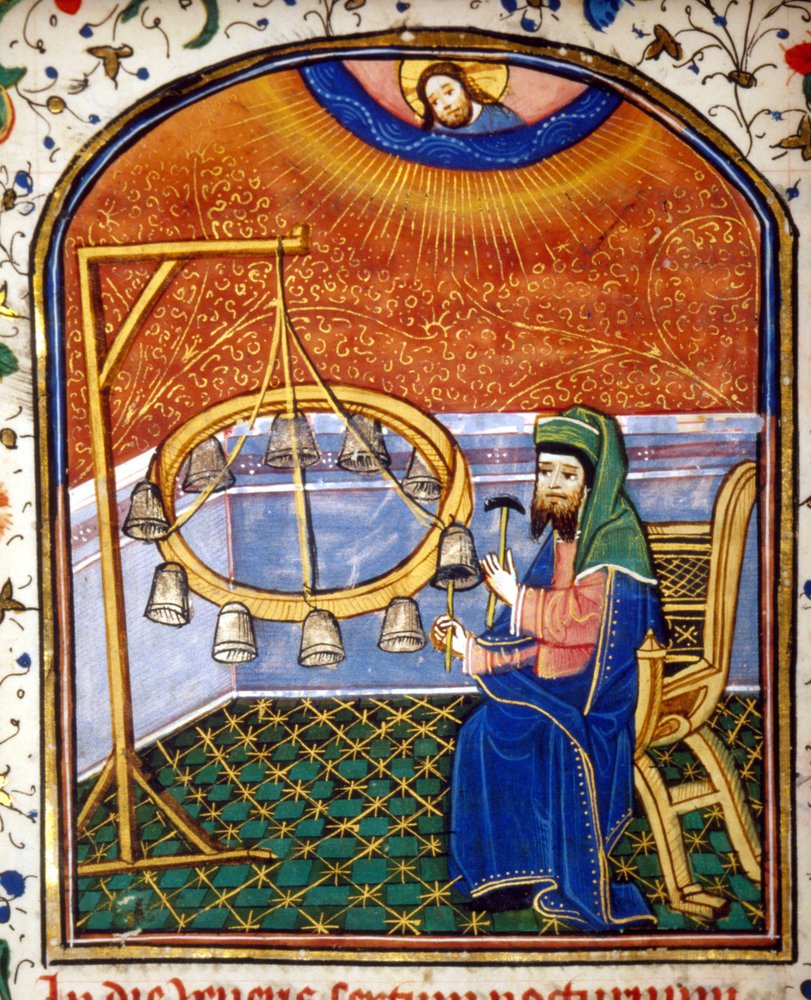 Porträt von Pythagoras (ca. 570 - ca. 480 v. Chr.), griechischer Mathematiker und Philosoph, spielt ein Schlaginstrument (Glocken), Miniatur des 15. Jahrhunderts von Unknown artist