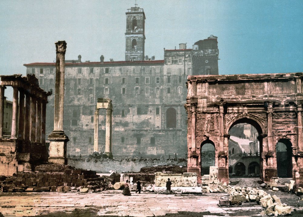 Rom. Tempel des Saturn und Bogen von Settimo Severo. Photochrom sd. um ...