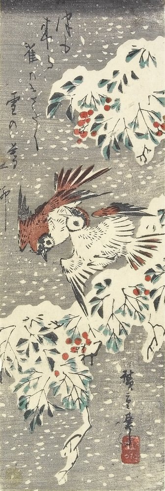 (Himmelsbambus und Spatzen im Schnee), 1830-1858 von Utagawa Hiroshige