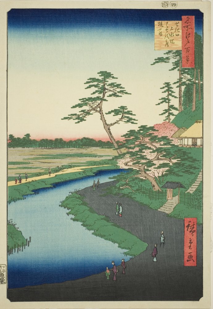 Bashos Hütte auf dem Kamelienhügel neben dem Aquädukt bei Sekiguchi (Sekiguchi josui-bata Bashoan Tsubakiyama), aus der Serie "Hundert Berühmte Ansichten von Edo (Meisho Edo hyakkei)" von Utagawa Hiroshige