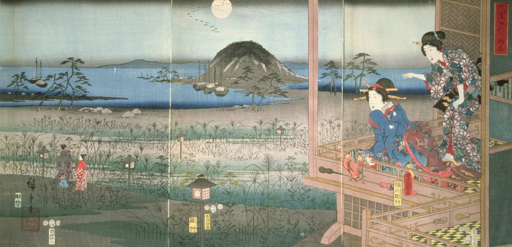 Die Dame Fujitsubo beobachtet Prinz Genji im Mondlicht, 1853 von Utagawa Hiroshige