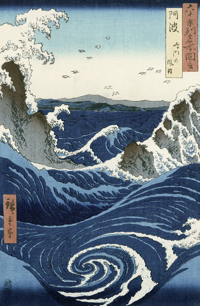 Blick auf die Naruto-Strudel bei Awa, aus der Serie „Rokuju-yoshu Meisho zue“ („Berühmte Orte der 60 und weiterer Provinzen“) von Utagawa Hiroshige
