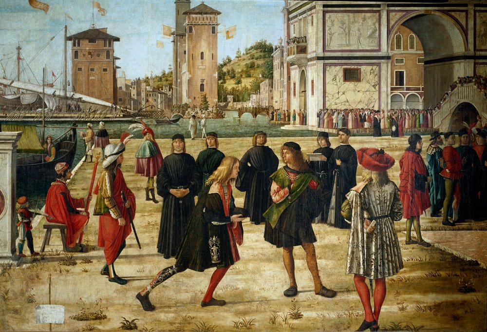 Zyklus des Lebens der heiligen Ursula (bretonische Prinzessin). Dritte Episode: die Rückkehr der Botschafter zum König von England. Detail, das die Botschafter darstellt. Auszug aus der Legende Dorée von Jacques de Voragine (ca. 1228-1298). Gemälde von Vit von Vittore Carpaccio