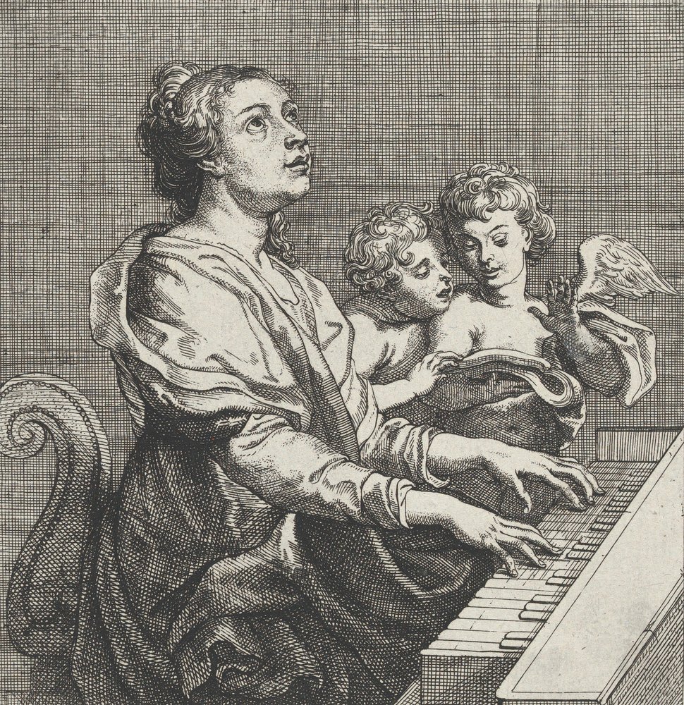 Die heilige Cäcilia spielt die Orgel, rechts zwei Putti, ca. 1631. von Willem Panneels
