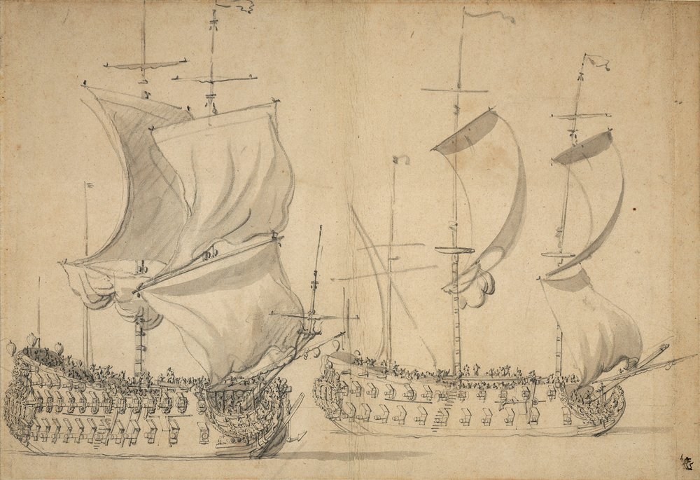 Ein englisches Dritt- und Viertklasseschiff unter leichter Segel, ca. 1677 von Willem van de the Elder Velde