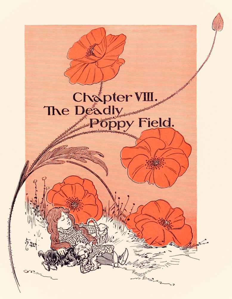 „Kapitel VIII: Das tödliche Mohnfeld“, Kapitelauftakt aus „Der Zauberer von Oz“ von L. Frank Baum von William Wallace Denslow