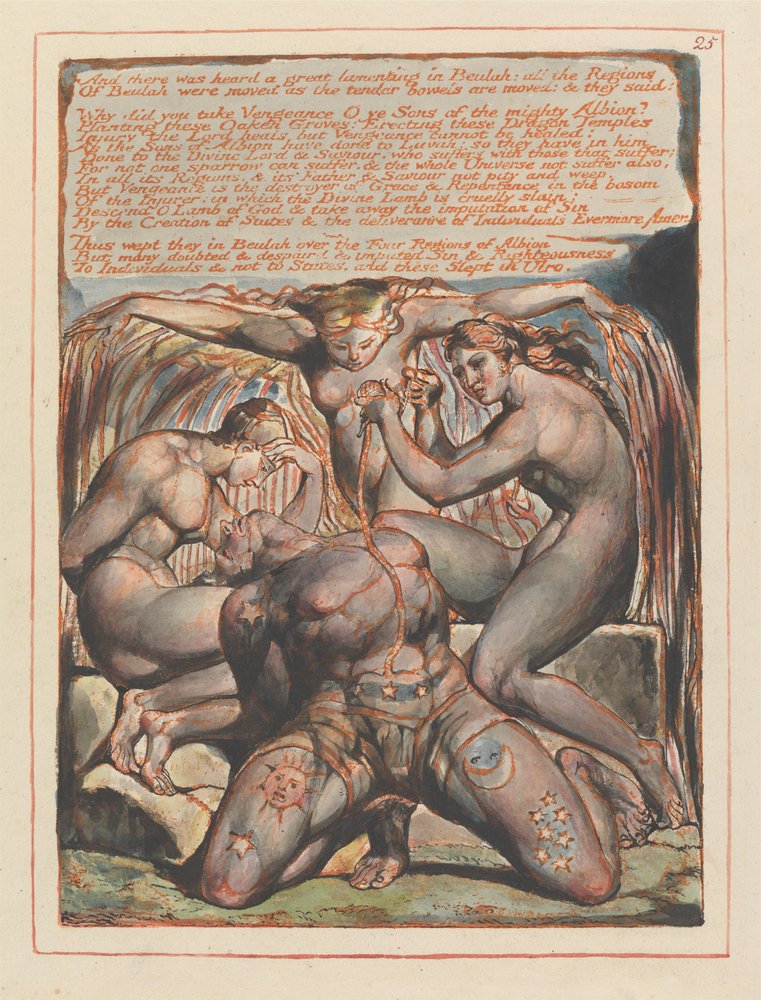 „Und es ward ein großes Wehklagen in Beulah gehört...“; Schlussvignette zu Kapitel 1 (Tafel 25) von William Blake