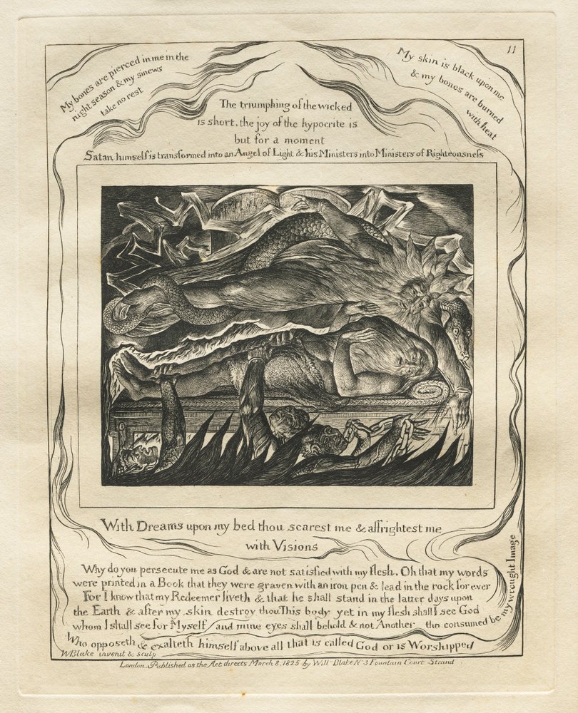 Das Buch Hiob: Pl. 11, Mit Träumen auf meinem Bett erschreckst du mich und ängstigst mich..., 1825 von William Blake