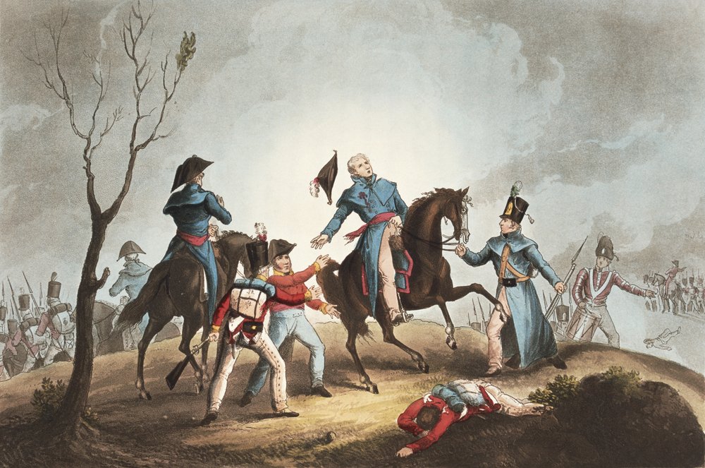 Tod von Sir John Moore (1761-1809) am 17. Januar 1809, aus „The Martial Achievements of Great Britain and her Allies from 1799-1815“, von James Jenkins, gestochen von Thomas Sutherland (geb. 1785), veröffentlicht von William Heath