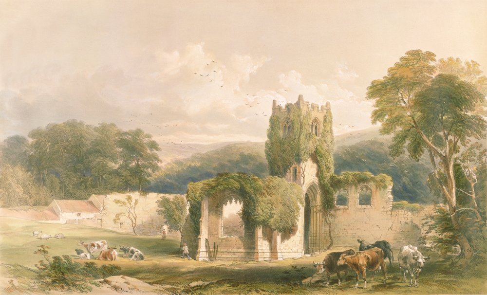 Mount Grace Priory, Außenansicht der Kirche, aus „Die Klosterruinen von Yorkshire“, gestochen von George Hawkins (1819-52), 1842 von William Richardson