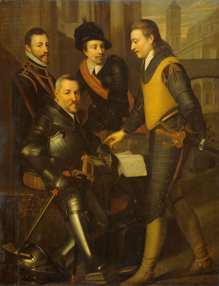 Gruppenporträt der vier Brüder von Wilhelm I., Prinz von Oranien: Jan (1535-1606), Hendrik (1550-74), Adolf (1540-68) und Lodewijk (1538-74), Grafen von Nassau von Wybrand de Geest (I) (workshop of)